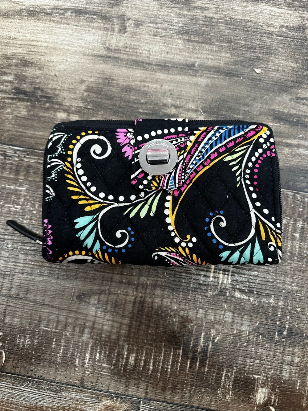 Vera Bradley Black Floral Zip Wallet with Multicolor Print